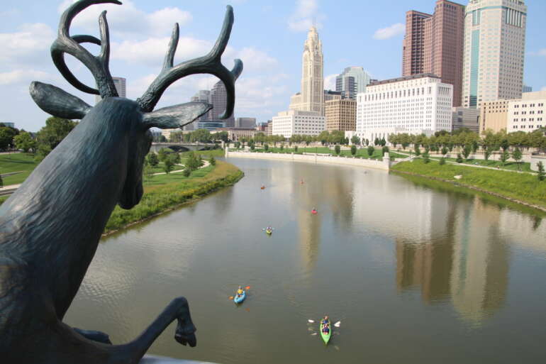 The Scioto Deer: Why Columbus Has Bronze Deer Watching The River 1 Terry Allen’s bronze Scioto Lounge deer along the Scioto Mile in downtown Columbus
