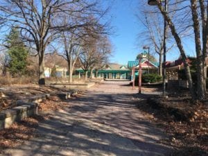 Abandoned walkway and pavilion buildings at the former SeaWorld Ohio site