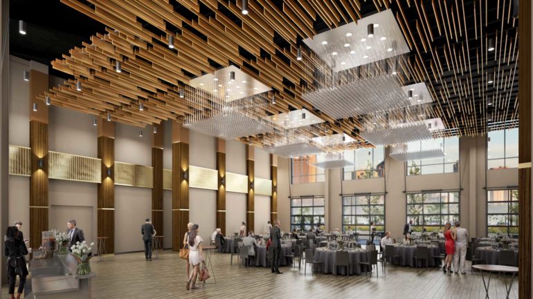 Two Caterers Is Now Together & Company, And It's About So Much More Than A Name Change 1 Rendering of The Fives event hall with wood-slat ceiling and round dining tables