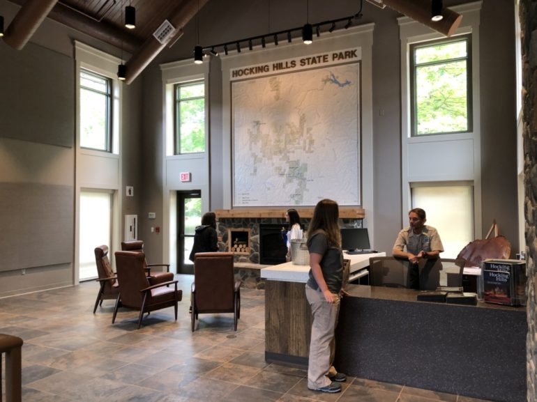 Hocking Hills Visitors Center Is Now Open And It's Remarkable 1 Interior of Hocking Hills State Park visitor center with staff at reception desk