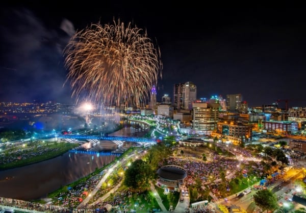 Red, White, and Boom fireworks bursting over the downtown Columbus skyline at night