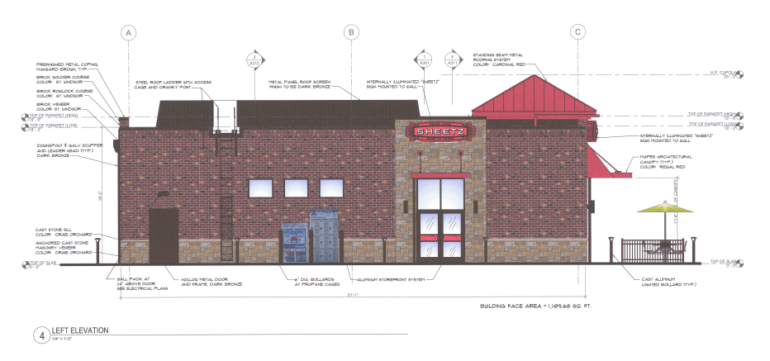 We’ve Got The Deetz On Sheetz 2 Diagram of Sheetz store's left building elevation with brick exterior and red canopy