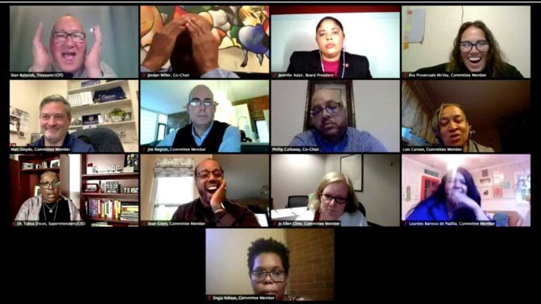 Screenshot of a Zoom video call grid with Columbus Board of Education members