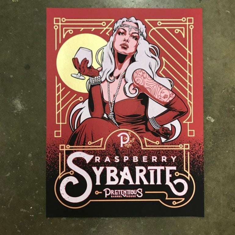 Prints & Pints Is Serving Up Delicious Brews And Eye-Catching Art 8 Vintage-style poster for Raspberry Sybarite by Pretentious Barrel House featuring illustrated woman with white hair holding wine glass.
