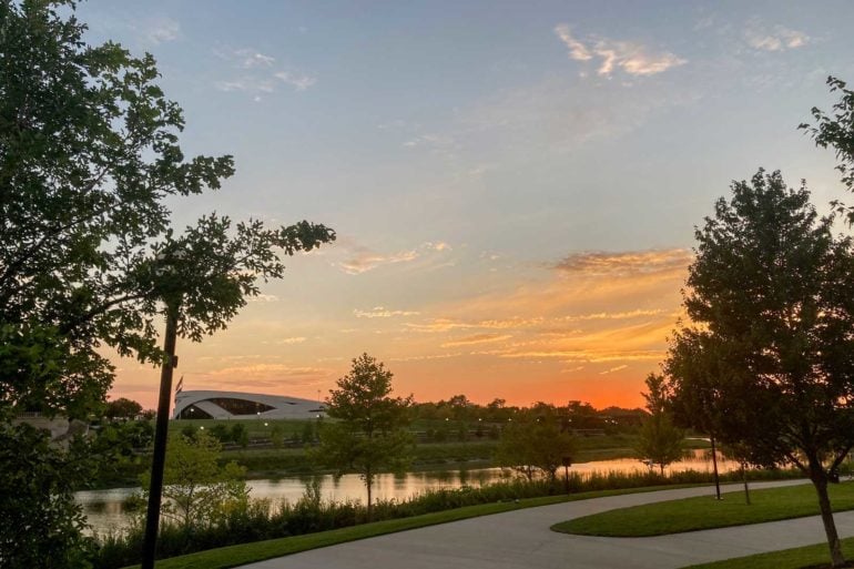 The Best Places To Watch The Sunset In Columbus 5 Sunset over the river and walking path at Scioto Mile