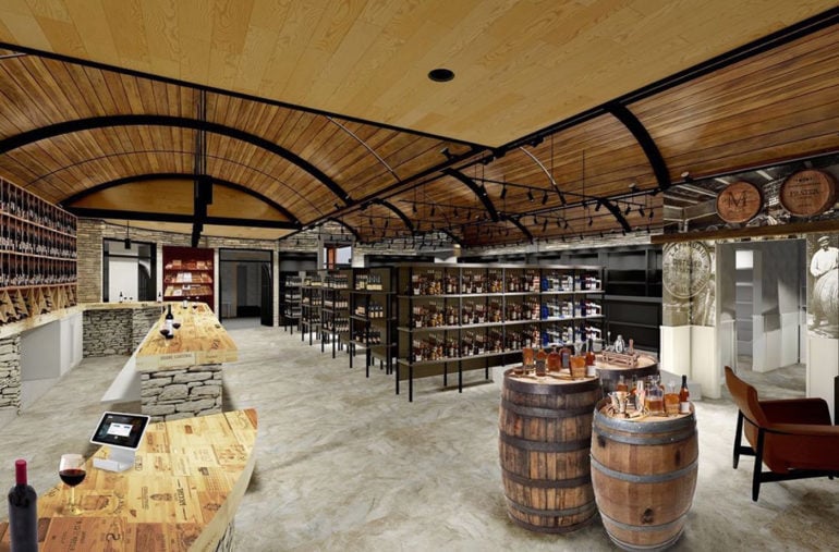 Carfagna's Is Moving Into A Massive New Space At Polaris 3 Modern distillery tasting room with barrel displays, wood-lined ceilings, and retail shelving.