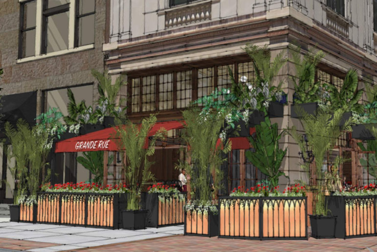 The Renderings For Grande Rue, A New French Bistro Downtown, Are Positively Parisian 4 Upscale restaurant storefront with red awning, wooden fencing, tall plants, and red flowers.