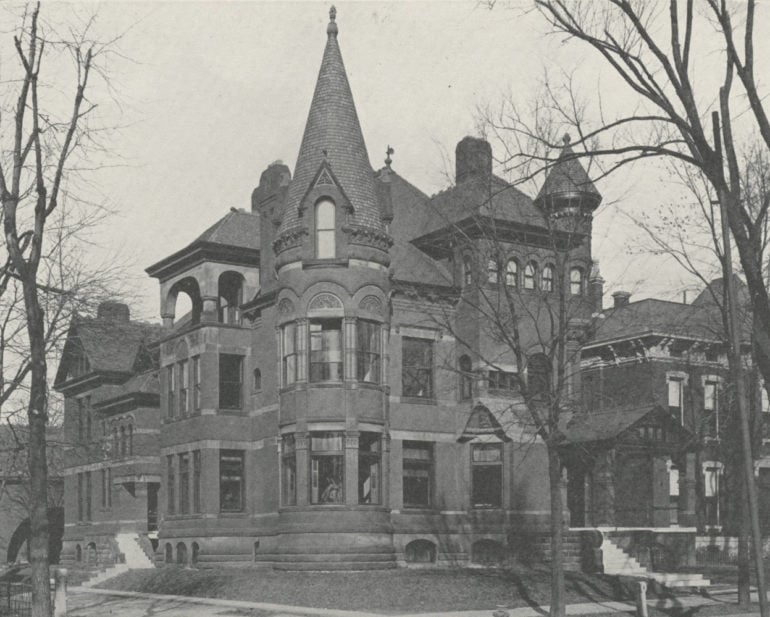 Lost Mansions Of Columbus: The Clinton DeWeese Firestone Mansion 6 Ornate stone mansion with a conical tower roof and bay windows, bare trees