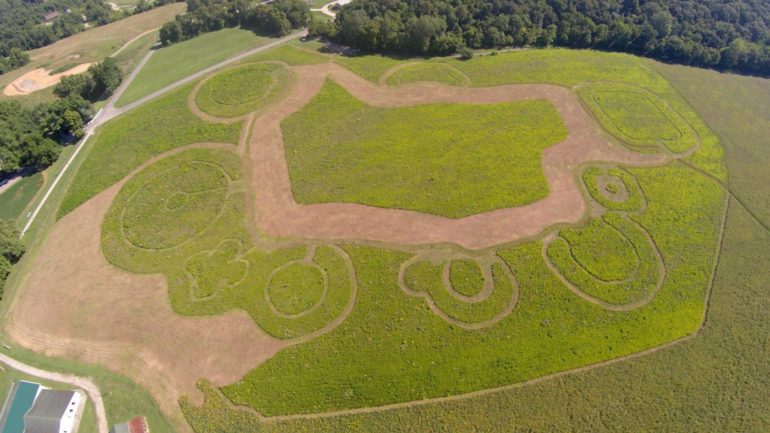 This Jaw-Dropping Ancient Ceremonial Site Is Just One Hour South Of Columbus 7 Aerial view of Junction Earthworks maze paths cut into green farmland