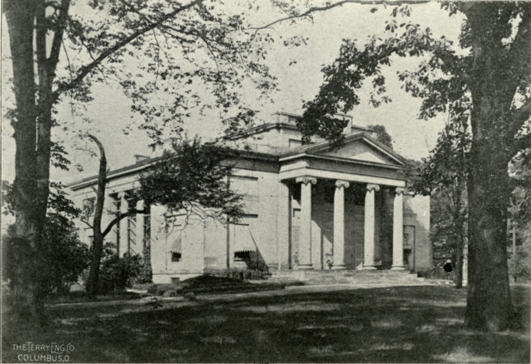 Lost Mansions Of Columbus: Alfred Kelley Mansion 5 Historic neoclassical building with columned portico framed by tall trees in black and white photograph.