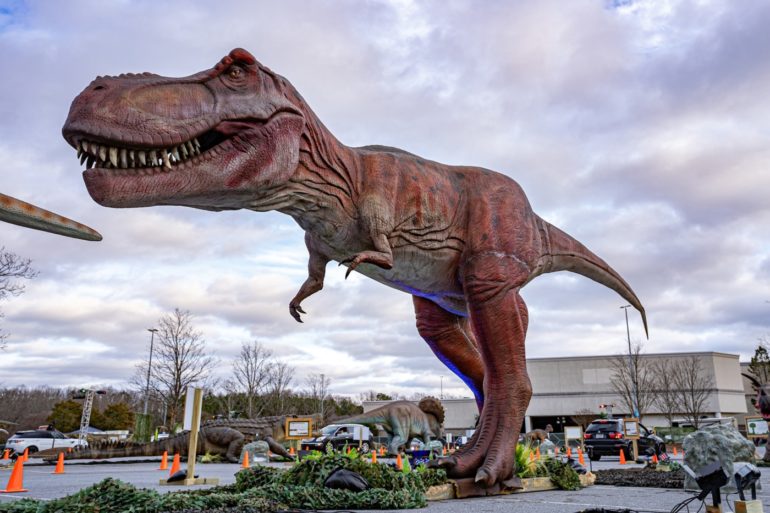 Large red dinosaur statue with open mouth in parking lot with vehicles and buildings.