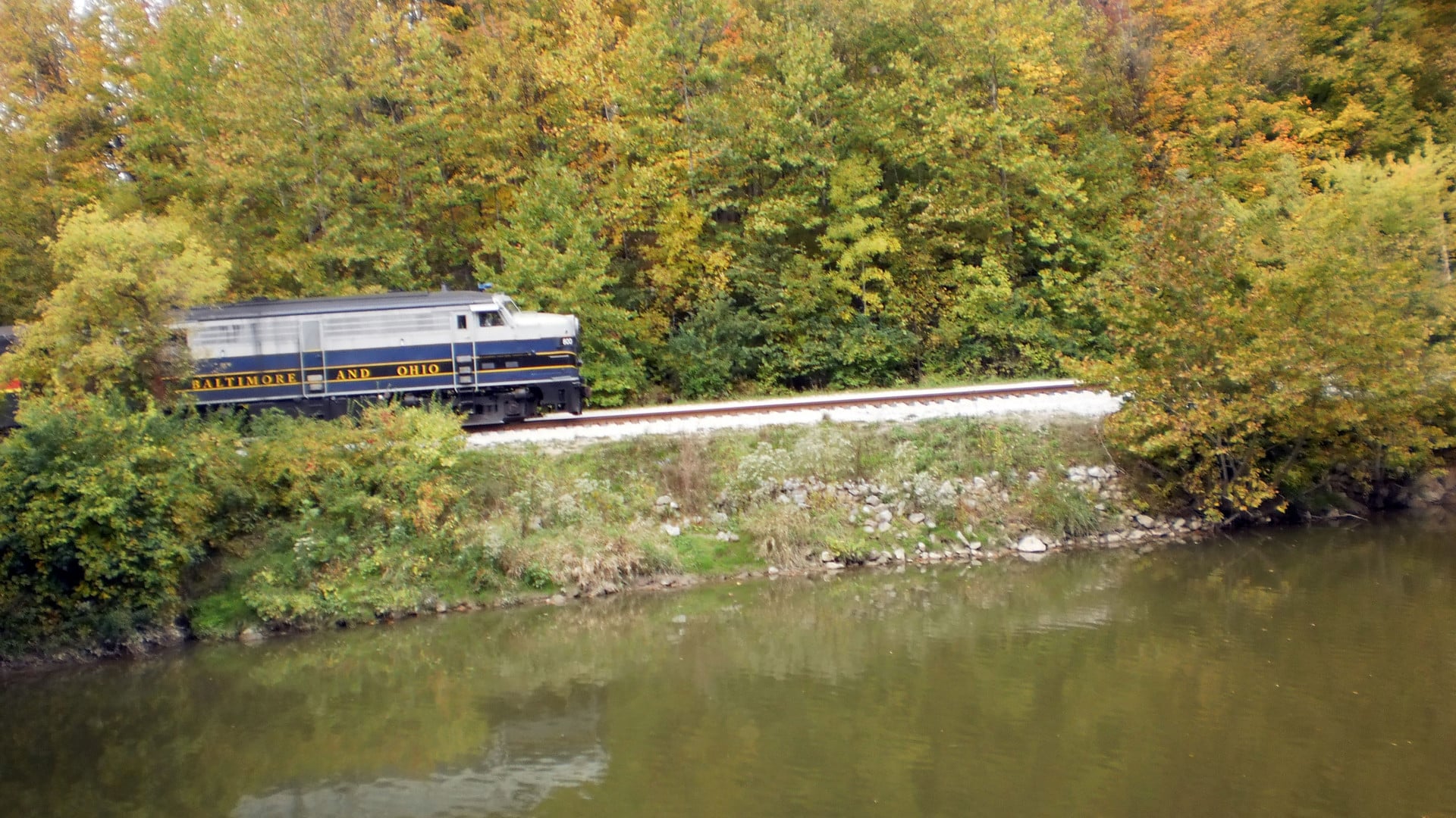 A Cuyahoga Valley Scenic Railroad locomotive in Baltimore and Ohio colors running beside the Cuyahoga River in early fall