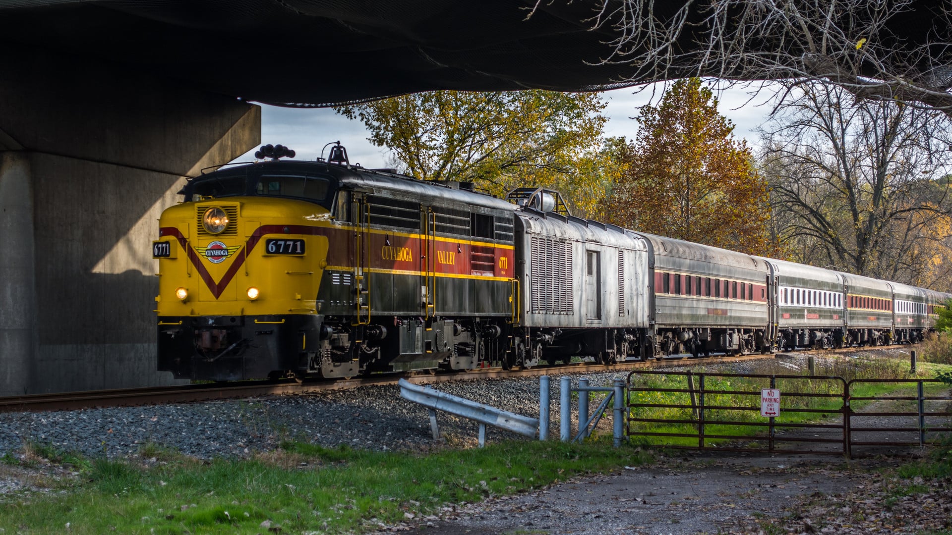 A Cuyahoga Valley Scenic Railroad train passing under a bridge with fall foliage behind it near Rockside Road in Independence