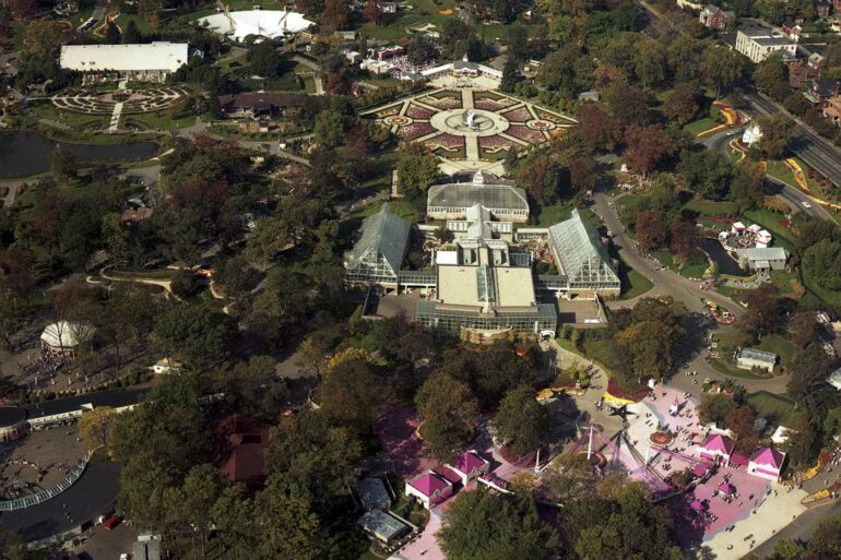 Aerial view of Franklin Park Conservatory grounds and gardens during Ameriflora '92