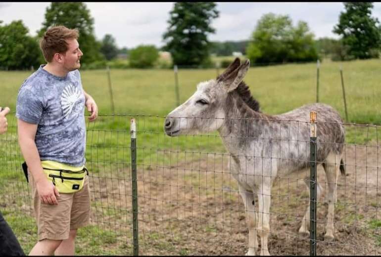 8 PAWsome Places To Volunteer With Animals 4 Volunteer greets a donkey over a fence at Sunrise Sanctuary