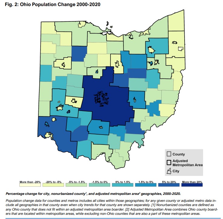 Ohio Is Largely Losing Population And Growing Older Except In The Greater Columbus Area, Study Shows 1 Map of Ohio population change by county from 2000 to 2020