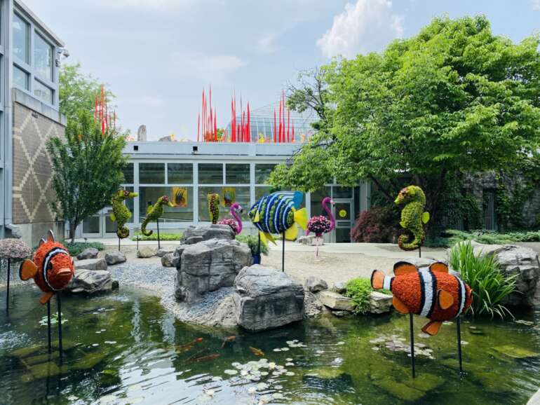 Colorful clownfish sculptures displayed in a courtyard garden with pond, rocks, and modern building architecture.