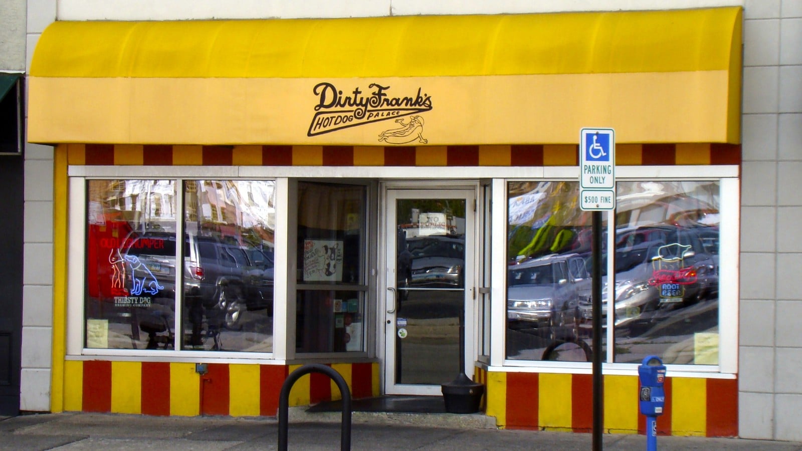 Dirty Franks Hot Dog Palace storefront on S. 4th St.