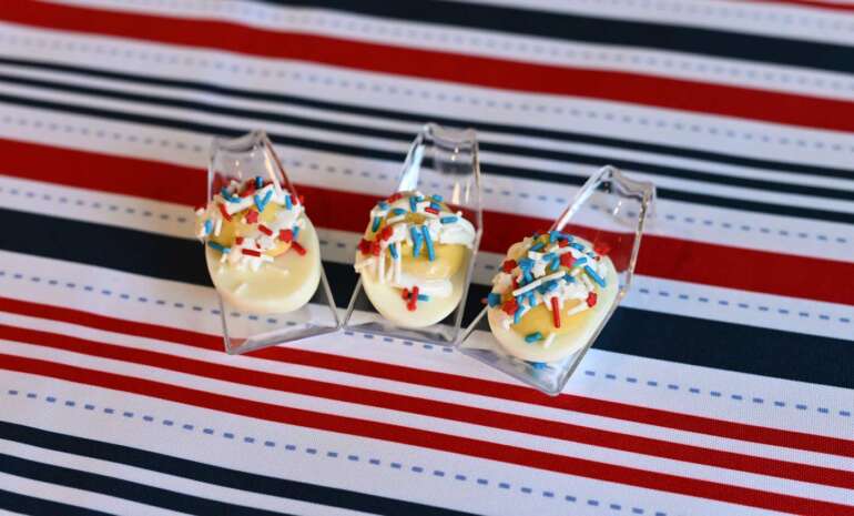 birthday cake flavored deviled eggs with sprinkles