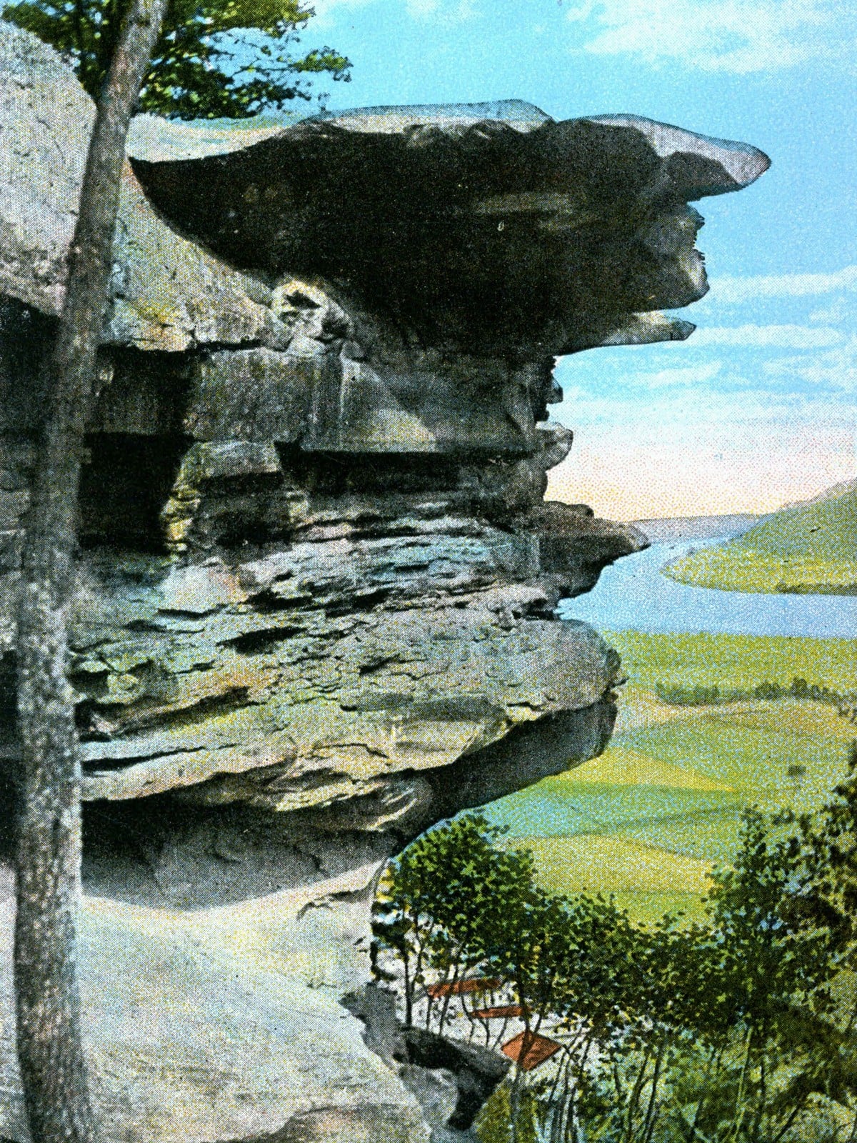 Raven Rock Is The Permit-Only Overlook Above The Ohio River That's Worth The Two-Week Wait 4 Hand-tinted postcard of the Raven Rock overhang above a bend in the Ohio River