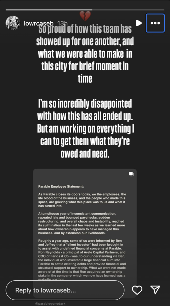 instagram story about parable cafe
