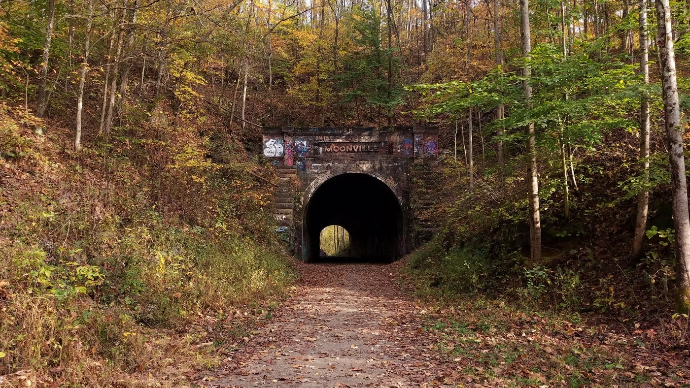 Stone west portal of the Moonville Tunnel in Vinton County, Ohio, in fall