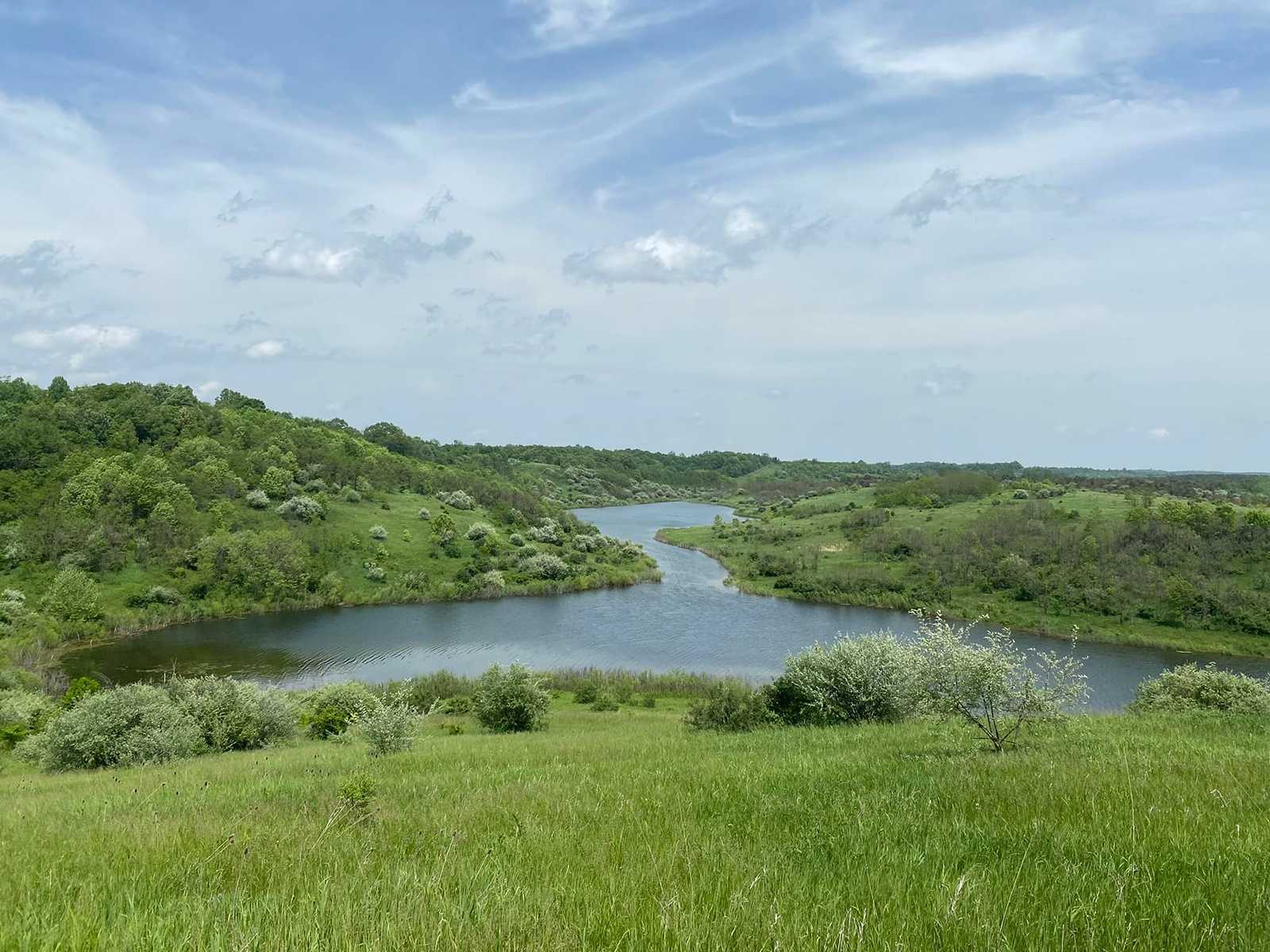 green hills surrounding pond
