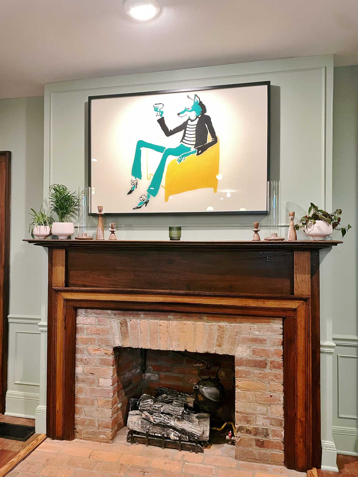 brick fireplace with mantle