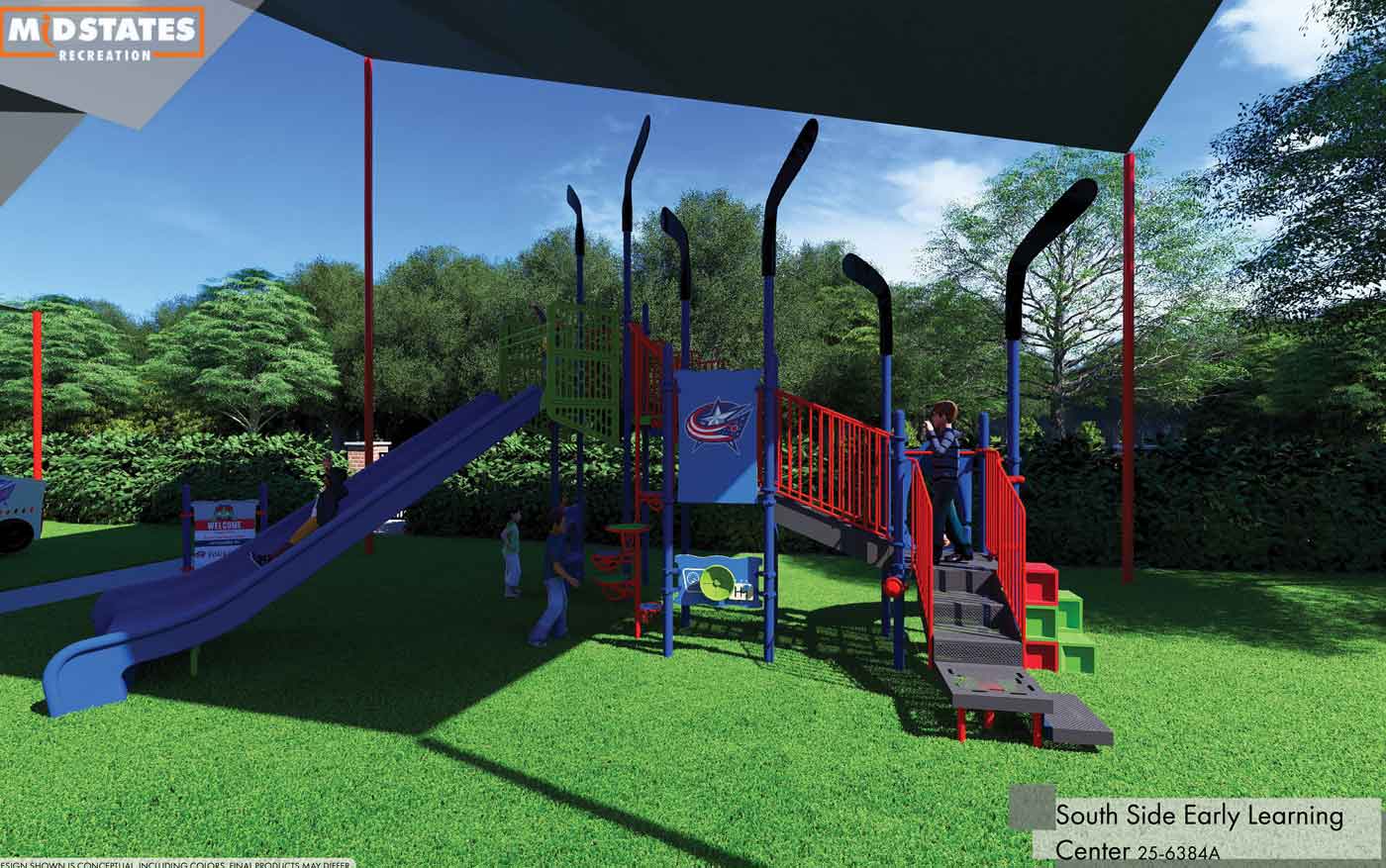 A New Blue Jackets-Themed Playground Is Coming To A South Side Early Learning Center 2 rendering of playground equipment
