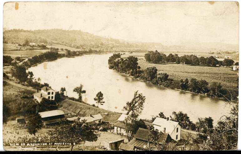 Long Before His Presidency, George Washington Was Surveying Ohio’s Frontier 3 Sepia tone postcard showing the Muskingum River in Marietta.