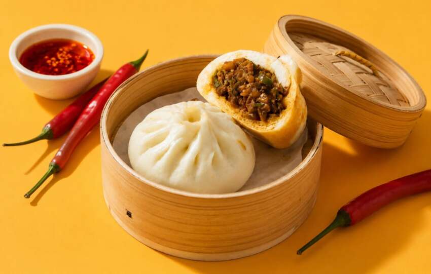 bao buns in bamboo steamer