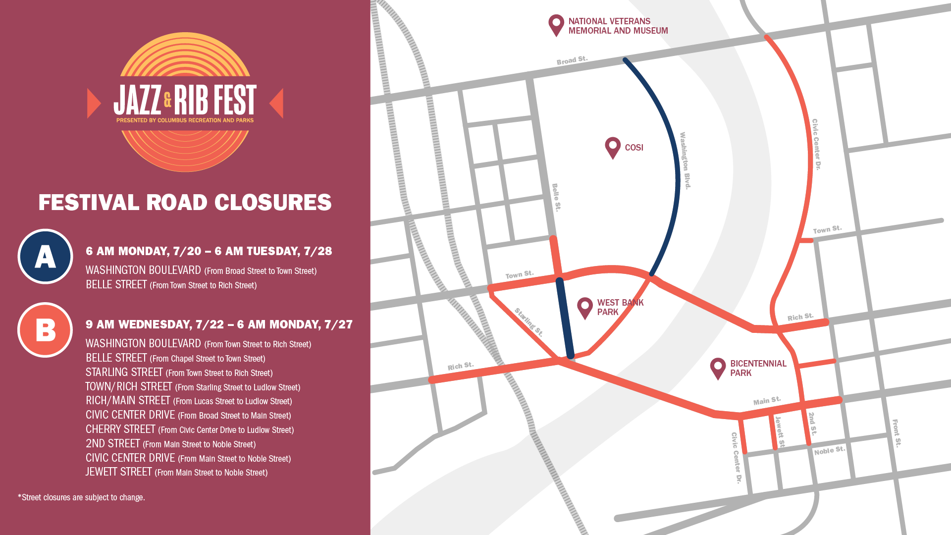 These Downtown Columbus Streets Are Now Closed For Jazz & Rib Fest 1 map of road closures downtown columbus