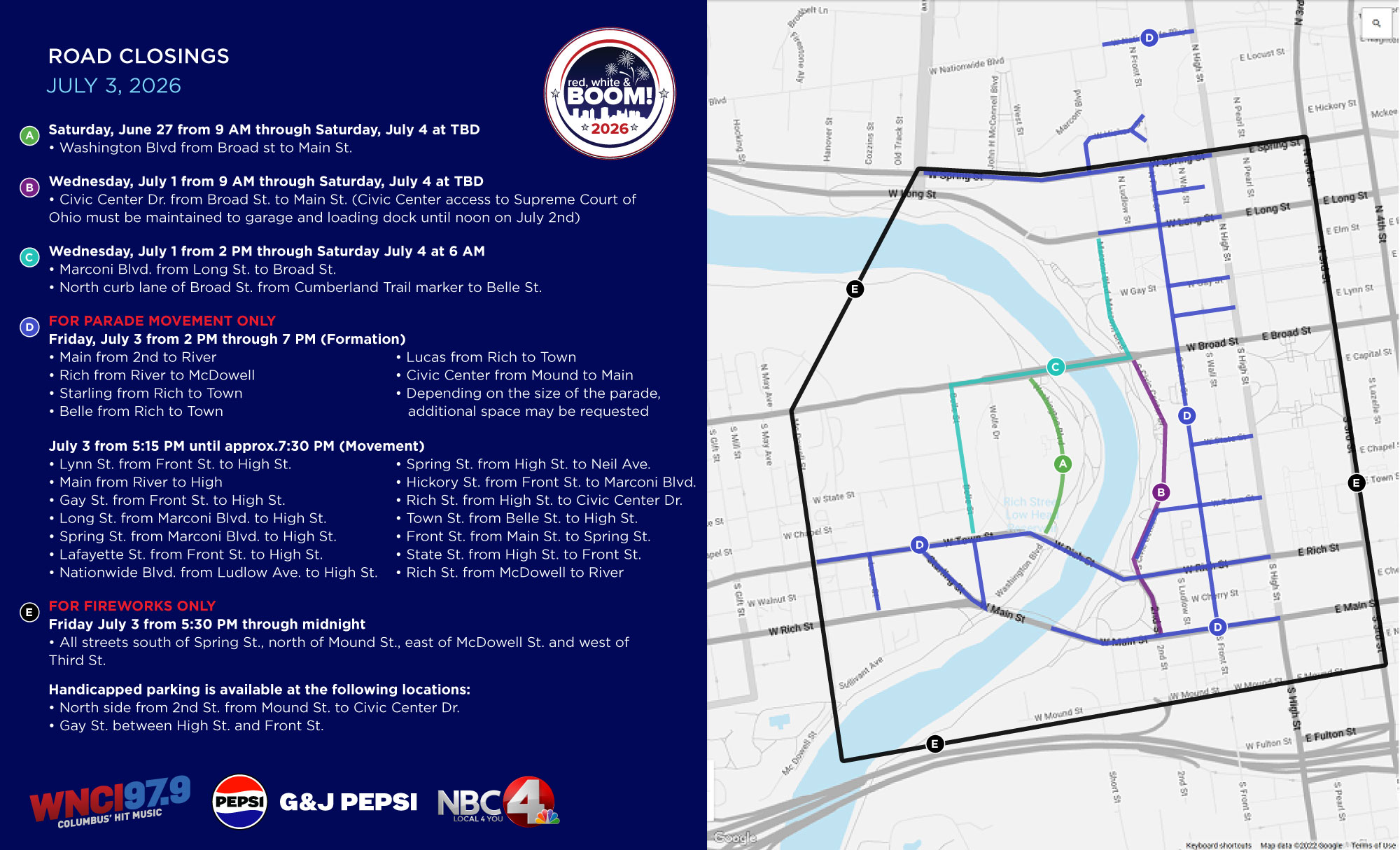red white and boom 2026 road closures map