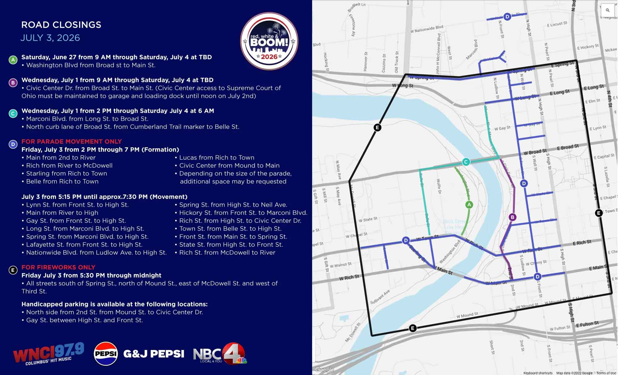 Red, White & BOOM! Road Closures and Parking Guide for 2026 2 red white and boom road closures map