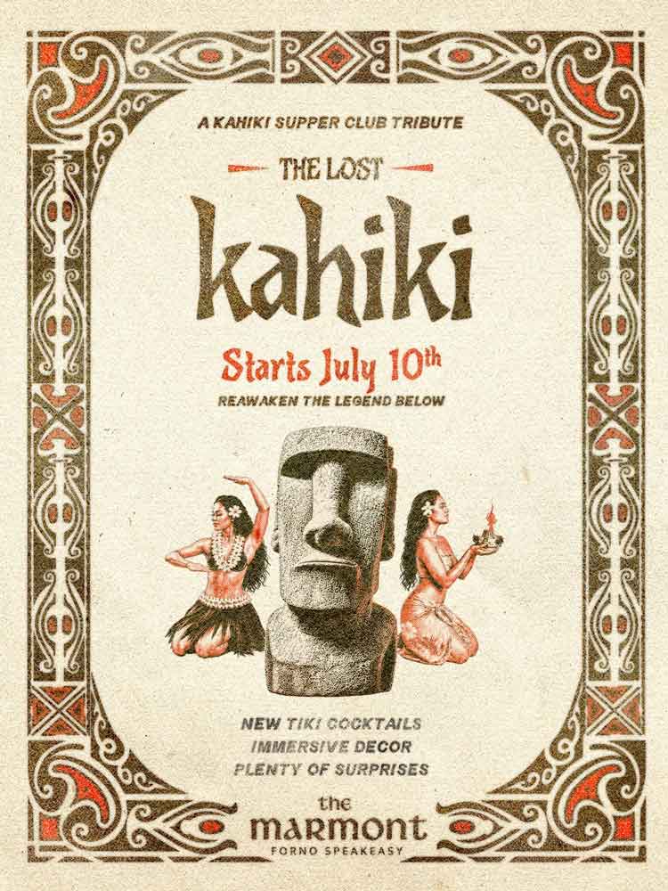 Promotional poster for The Lost Kahiki pop-up at The Marmont, featuring a moai statue, hula dancers, tiki-inspired artwork, and a July 10 opening date.
