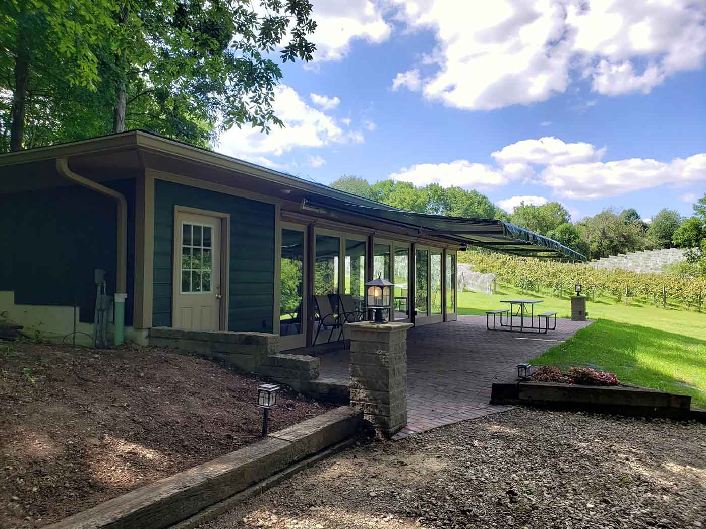patio overlooking vineyard at three oaks