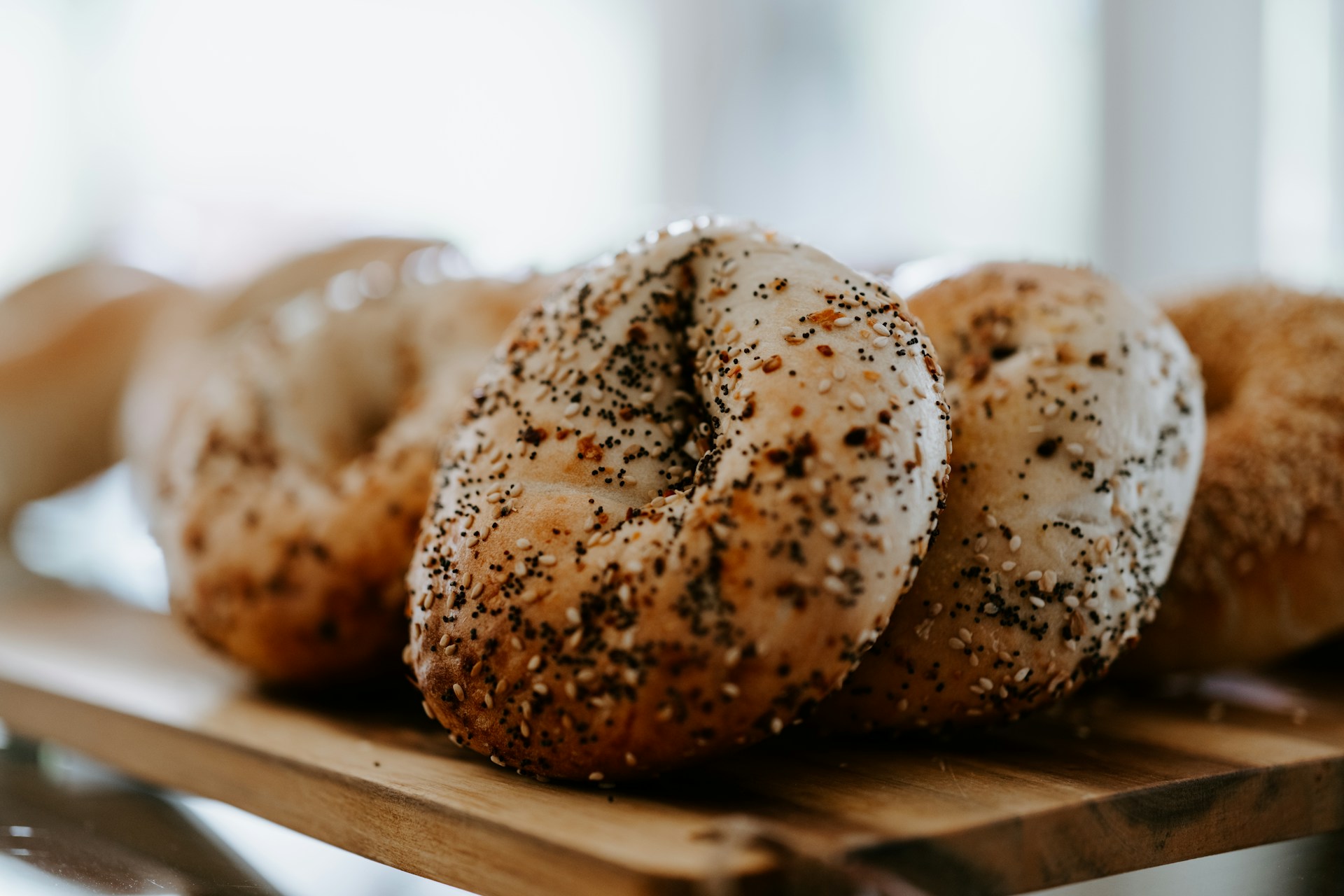 everything bagels on cutting board