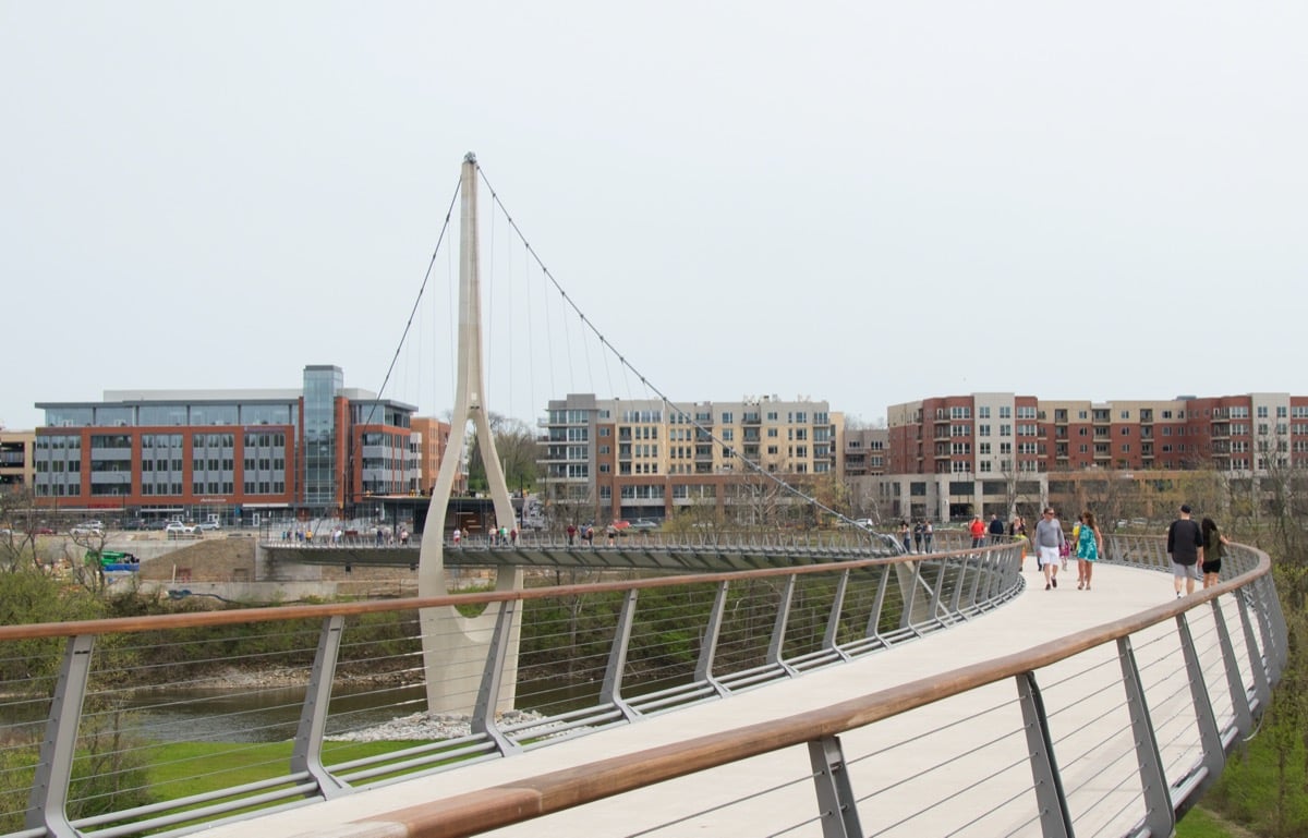 The Dublin Link pedestrian bridge with Bridge Park buildings in the background