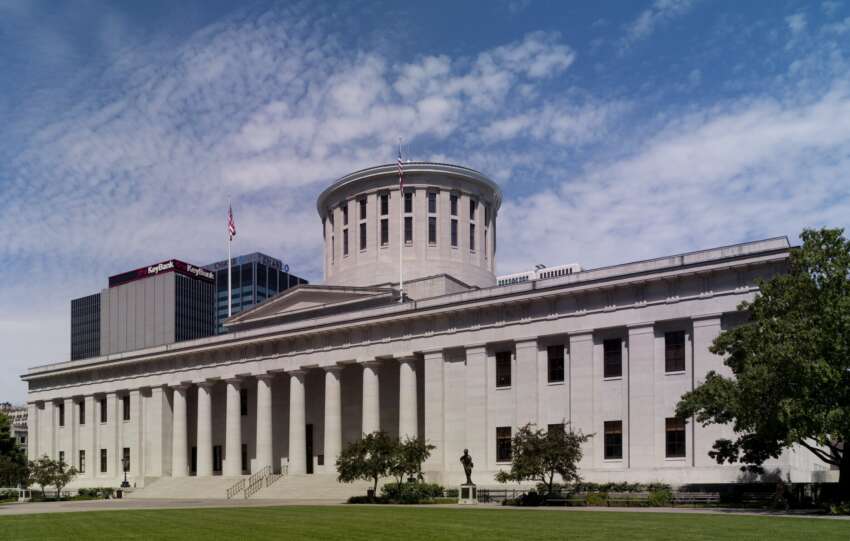The Ohio Statehouse and its west lawn in downtown Columbus