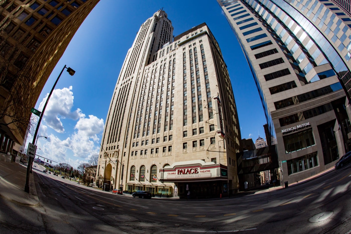 The Palace Theatre marquee below the LeVeque Tower in downtown Columbus