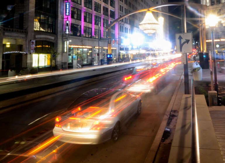 The outdoor chandelier at Playhouse Square in Cleveland