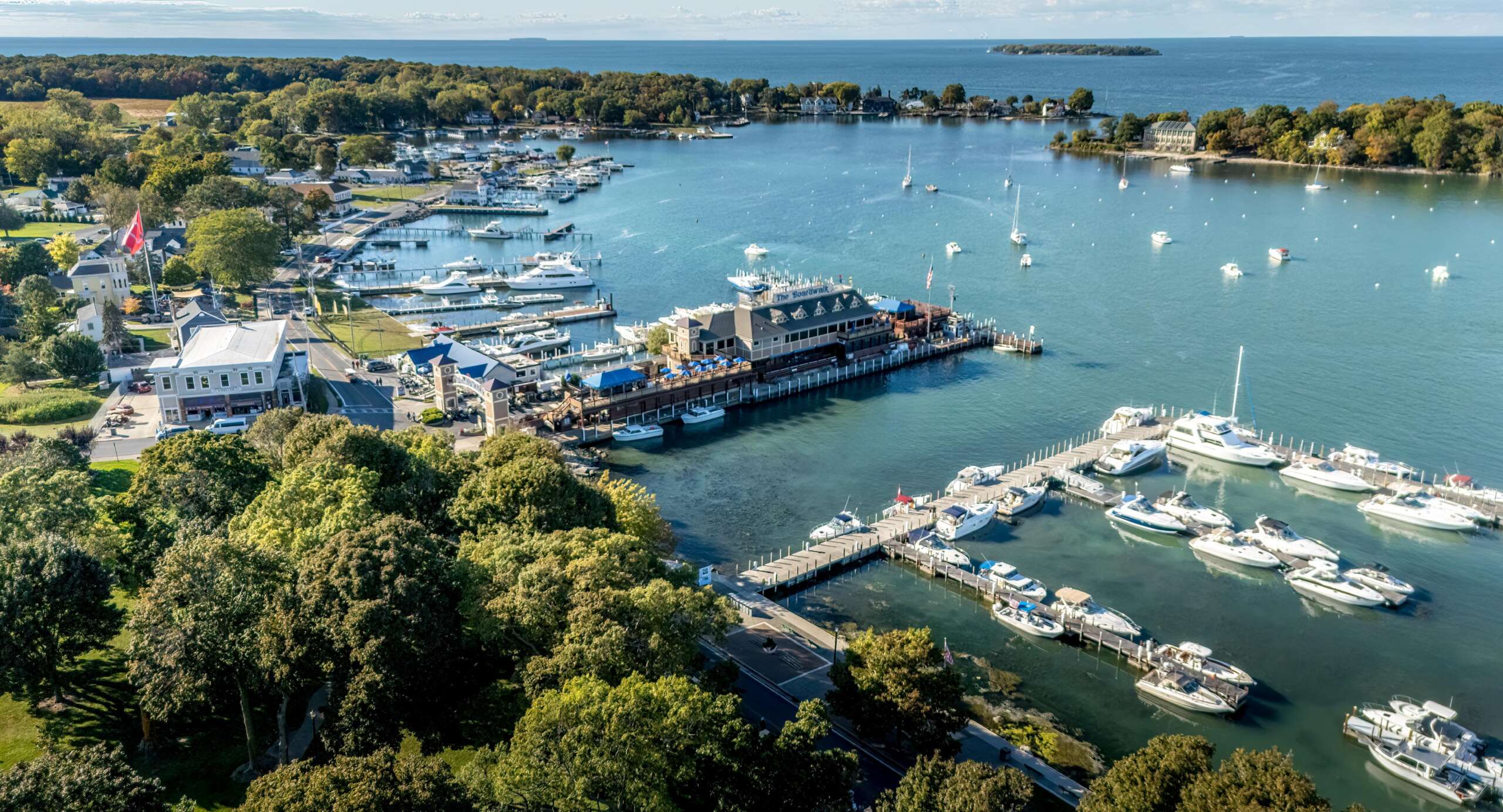Aerial view of the Put-in-Bay harbor and marina on South Bass Island
