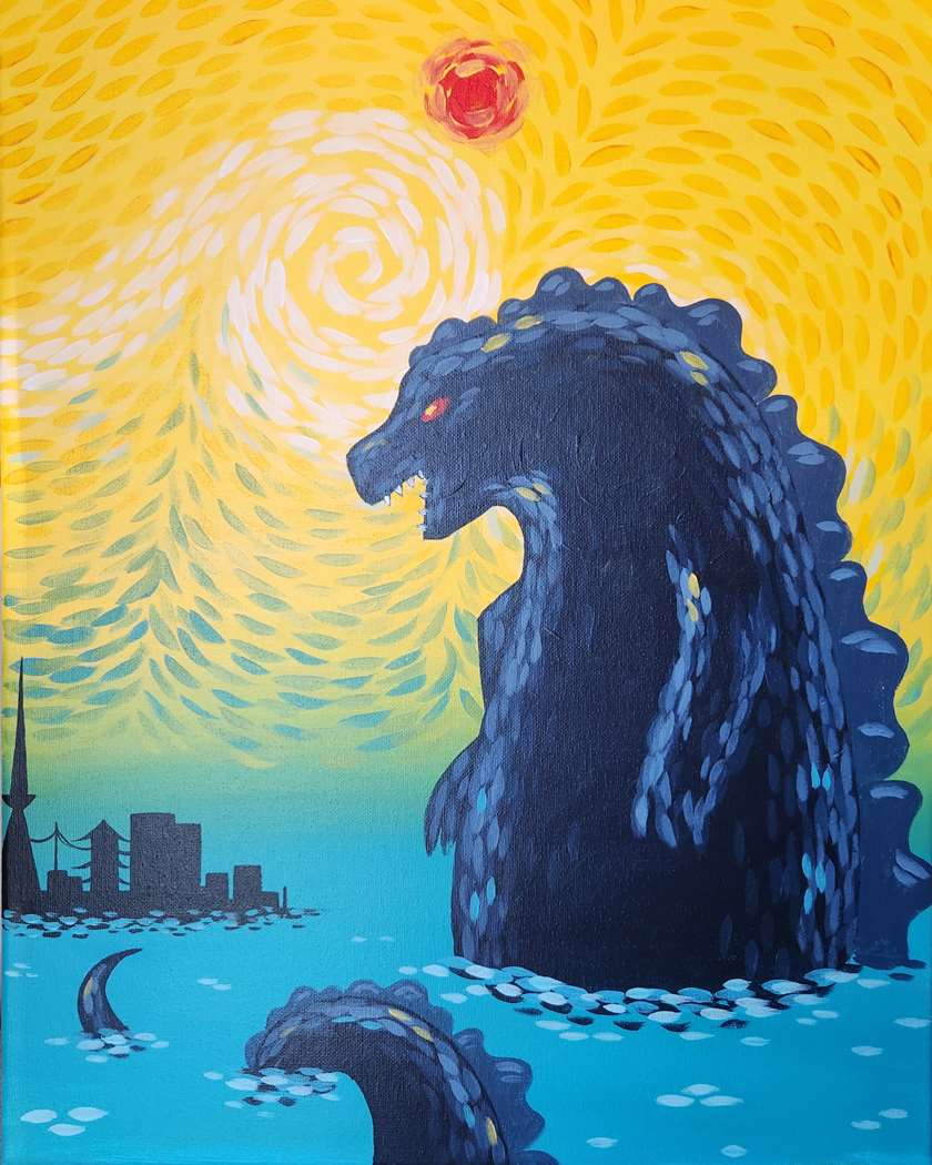 Events 17 🎨🥤🦖 Paint and Sip: Run, It’s Gogh-Zilla! 🌃✨✨