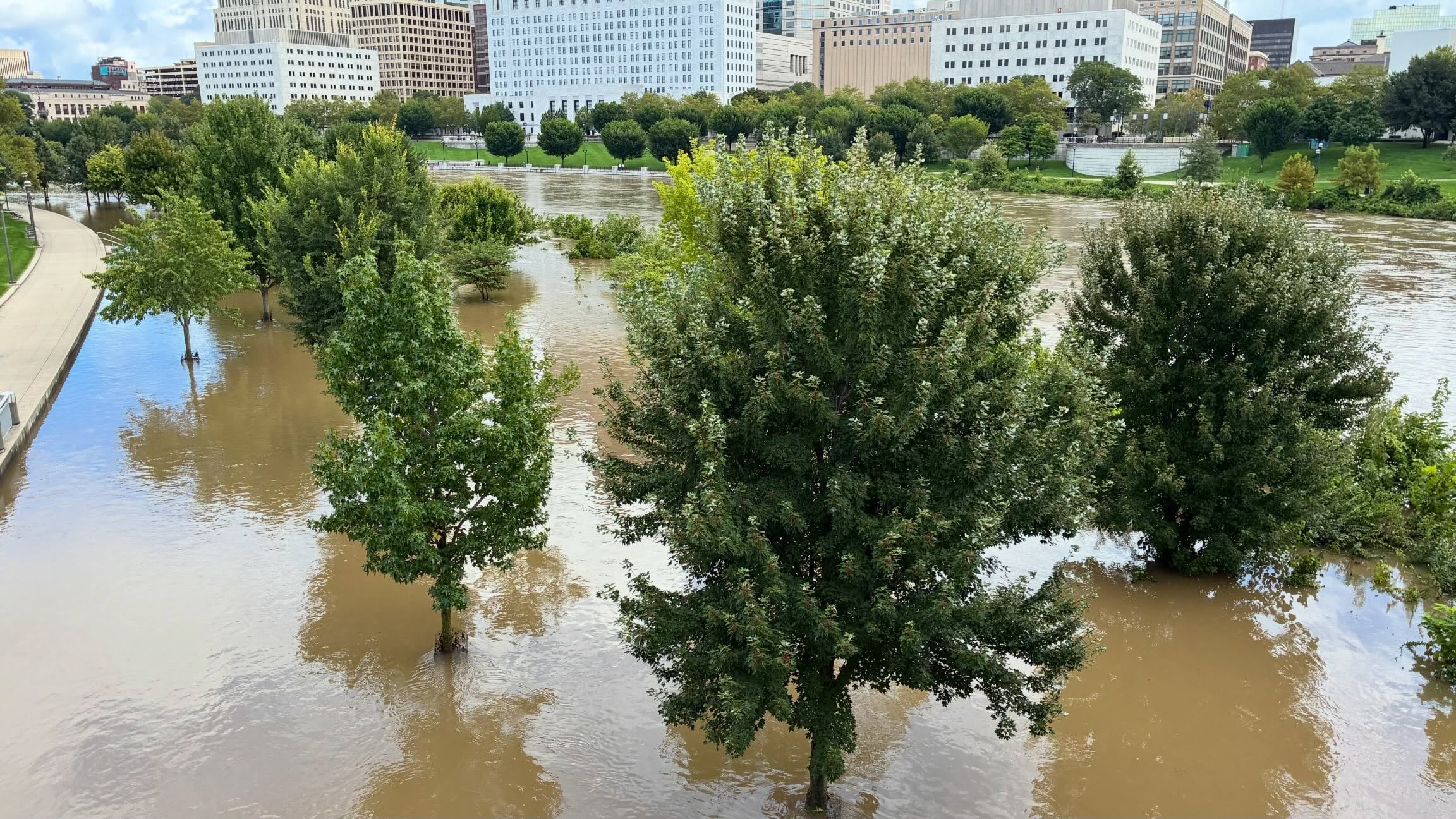 Here’s How Bad The Flooding Got Across Central Ohio 3 trees submerged in floodwater along the scioto river