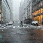 Snow falling on a downtown street