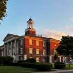 West High School building in Columbus at sunset