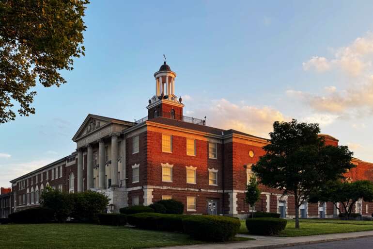 West High School building in Columbus at sunset