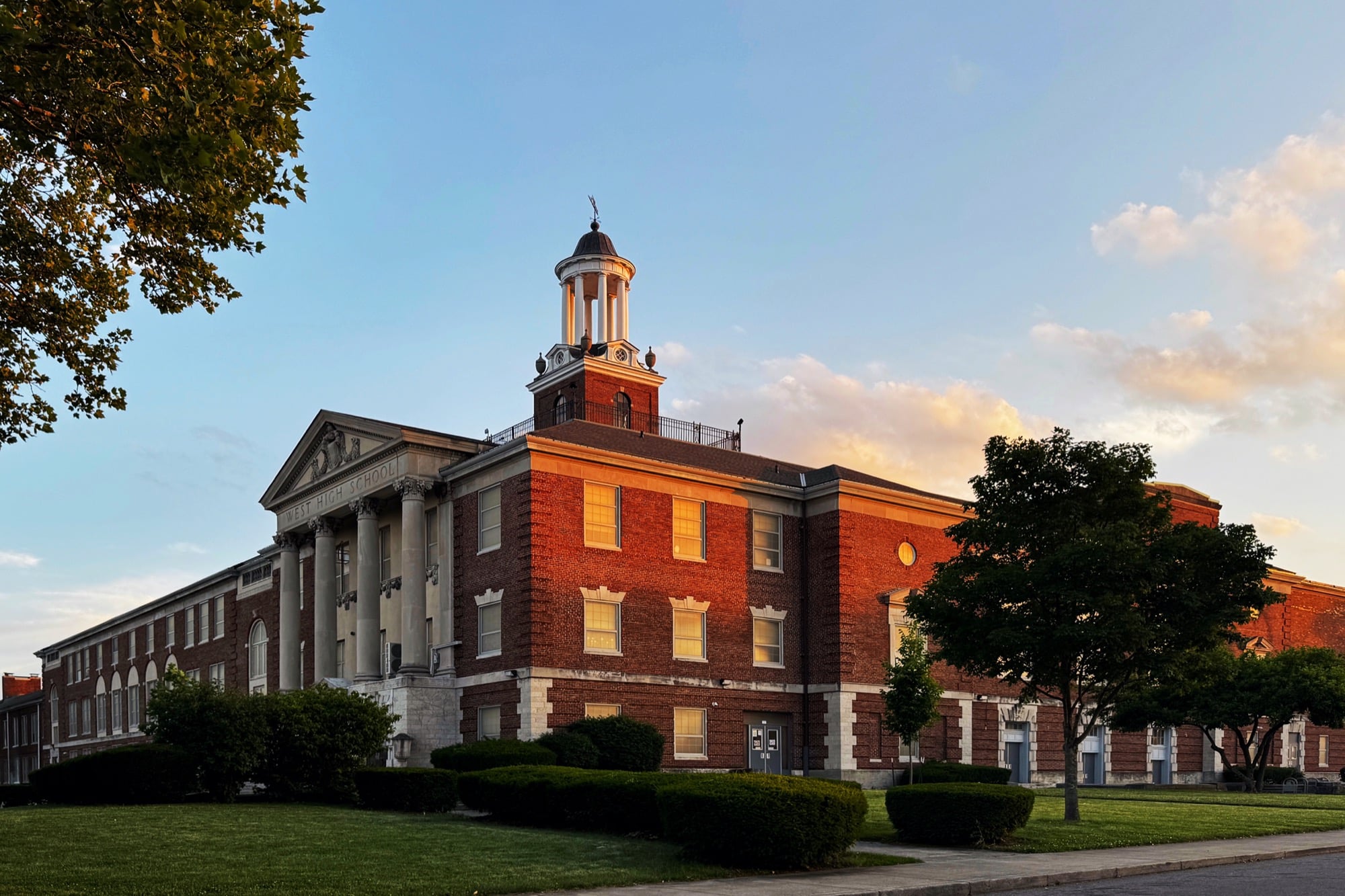 West High School building in Columbus at sunset