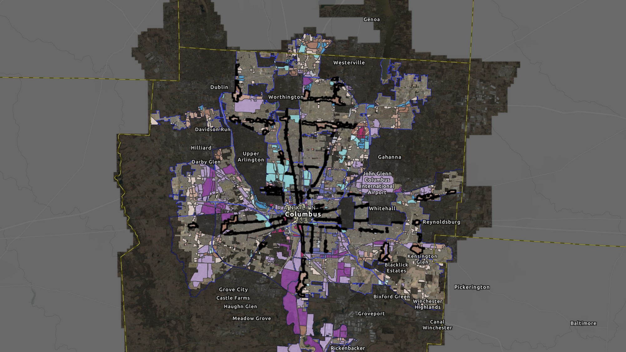 Draft zoning map for Zone In Phase Two showing proposed districts across Columbus