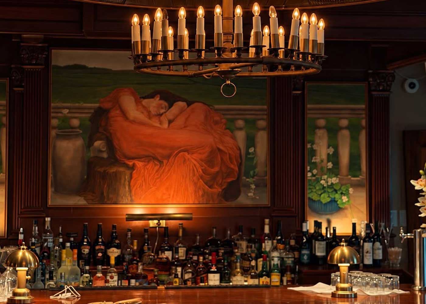 moody historic bar with chandelier